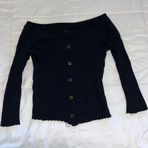 Black Off the Shoulder Button Up Long Sleeve